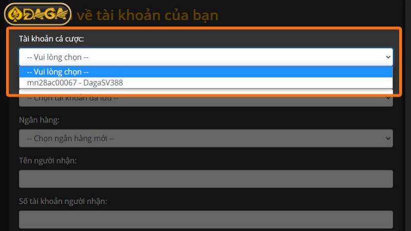 Điền thông tin cụ thể để bắt đầu rút tiền từ nhà cái Daga